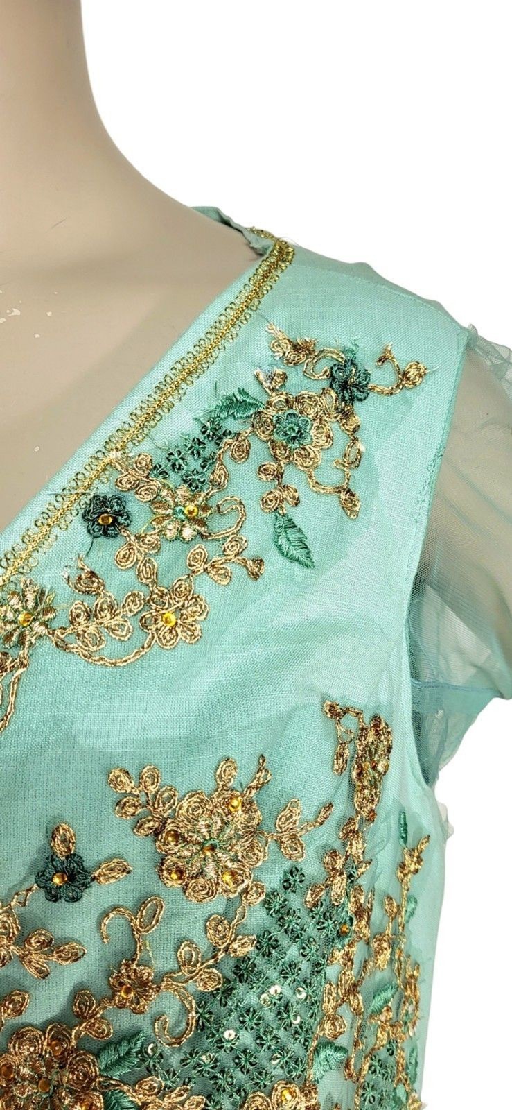 VTG Lace Tulle Metallic Gold Embroidered Bead Embellished Duster Belted Jacket