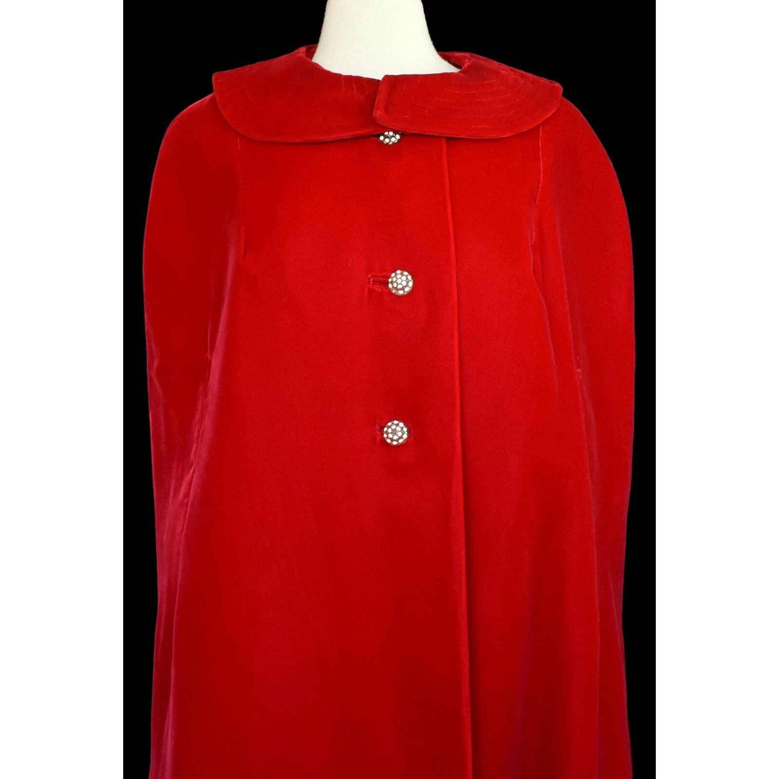 Vintage 60s Red Velvet Ankle Length Cape, Rhinestone Buttons, Size M, L, XL