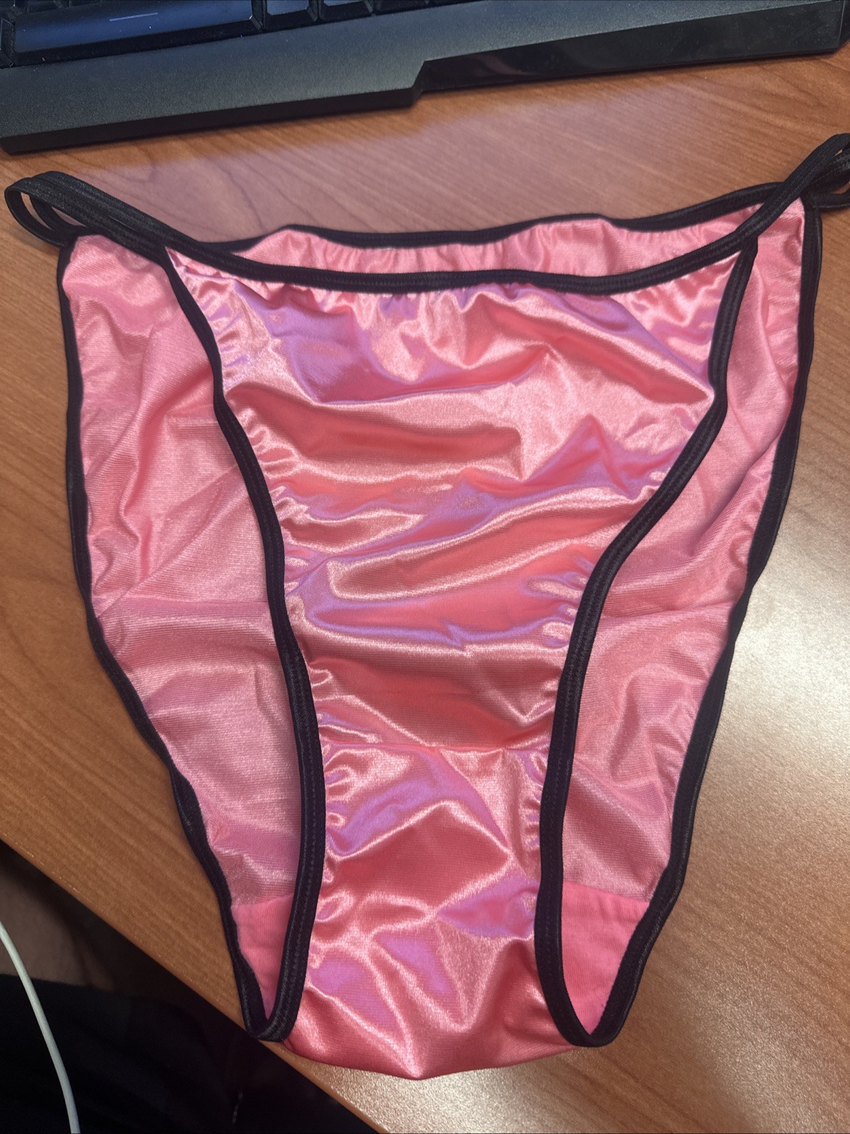 Vintage XL Thong Panties Double String Bikini Satin Lace, Shiny Detail, Y2K