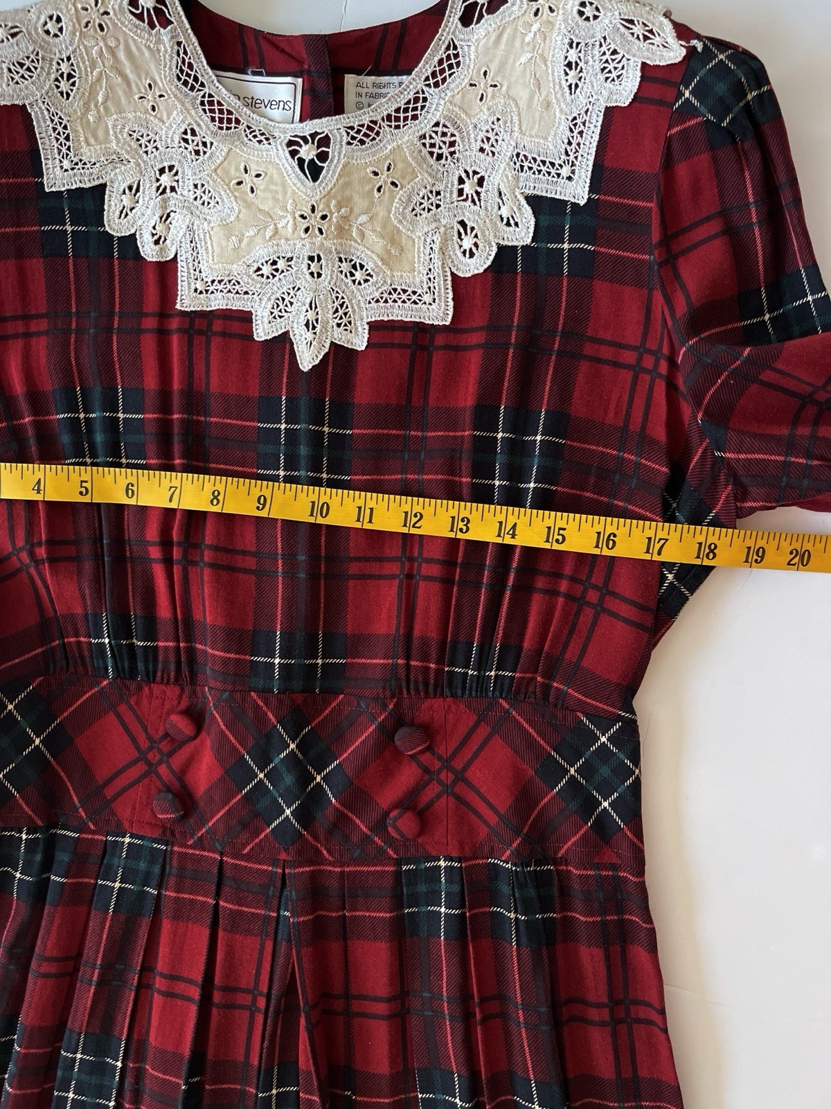 Karin Stevens VTG Dress S/M Petite Red Plaid Pleated Smocked Cottagecore