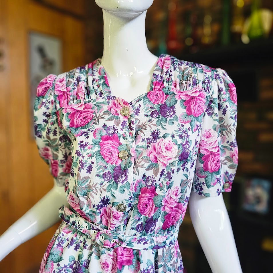 Vtg 80s Garden Party Cabbage Rose Granny Floral Belted Shirtwaist Tea Dress PM/L