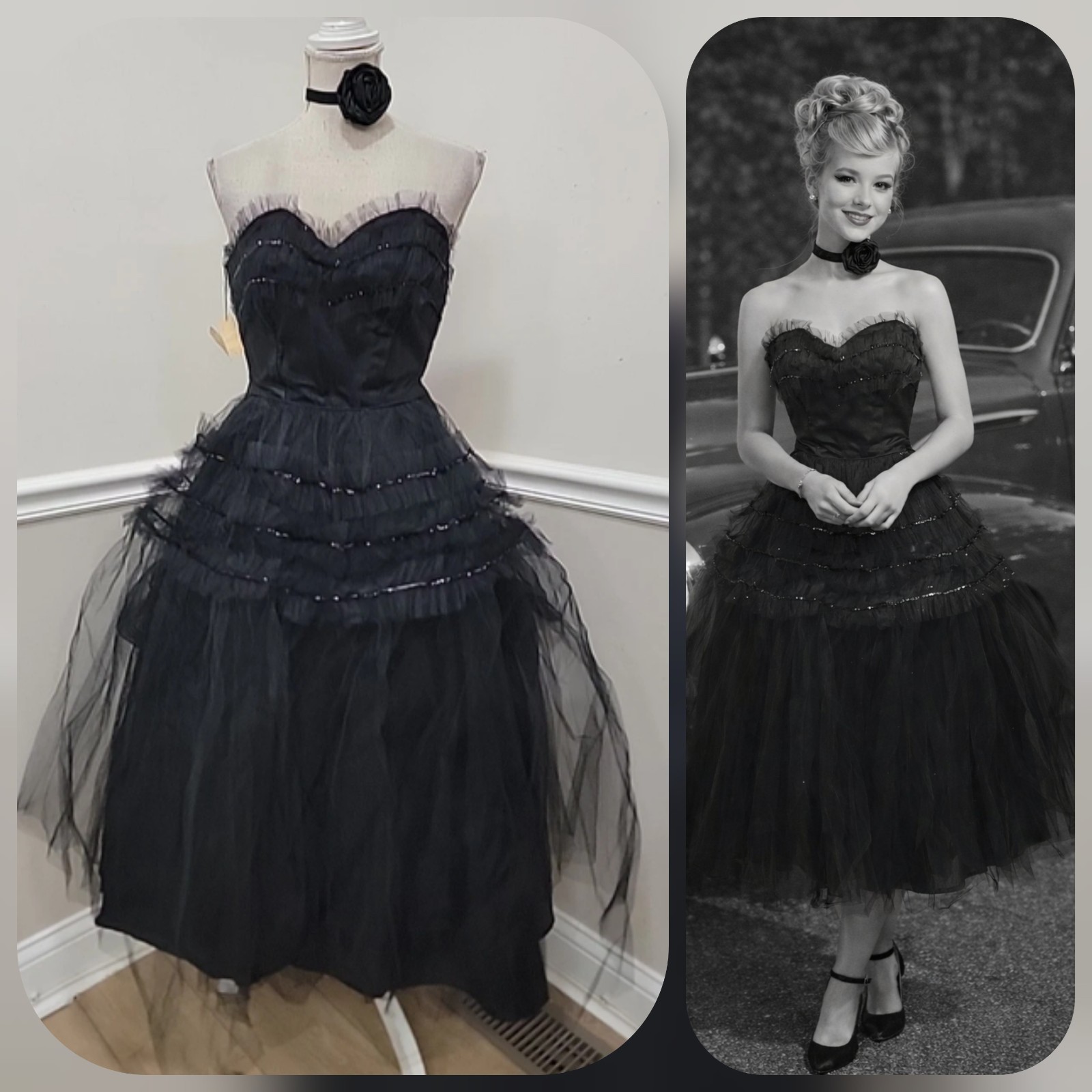 VTG 1950s Mid-Century Black Tulle Party Dress Nipped Waist New Look NWT