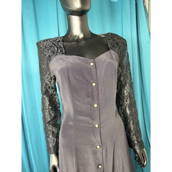 Vintage Jody California Black Lace Sleeve Maxi Dress Pearl Button Corset Back 13
