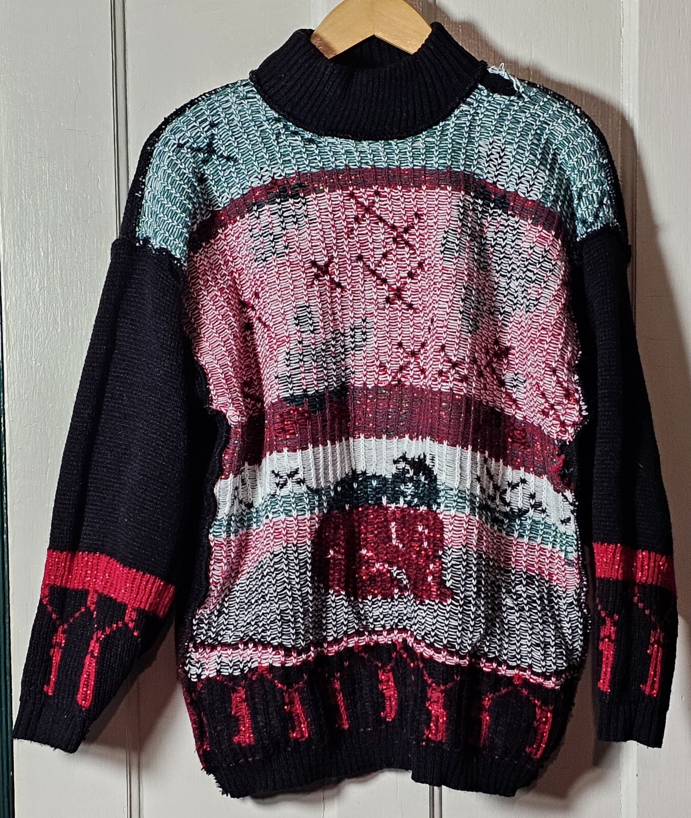 VTG SPUNKY Ugly Sweater Women L Black Red Metallic Whimsygoth White Spooky Cat