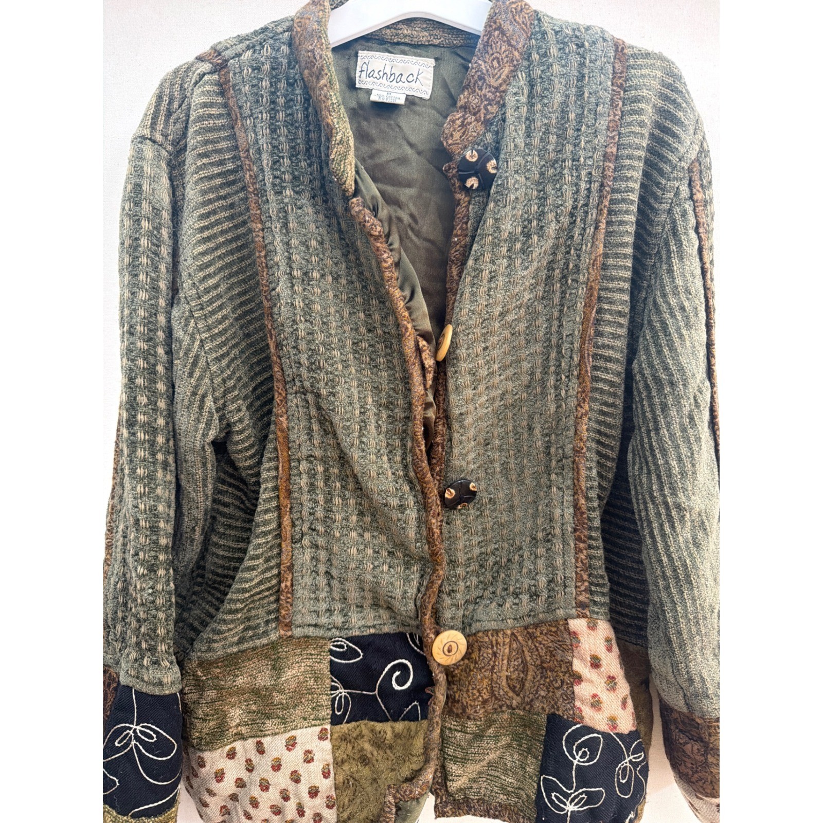 Flashback Vintage Patchwork Jacket Green Brown Cotton Rayon Boho Medium