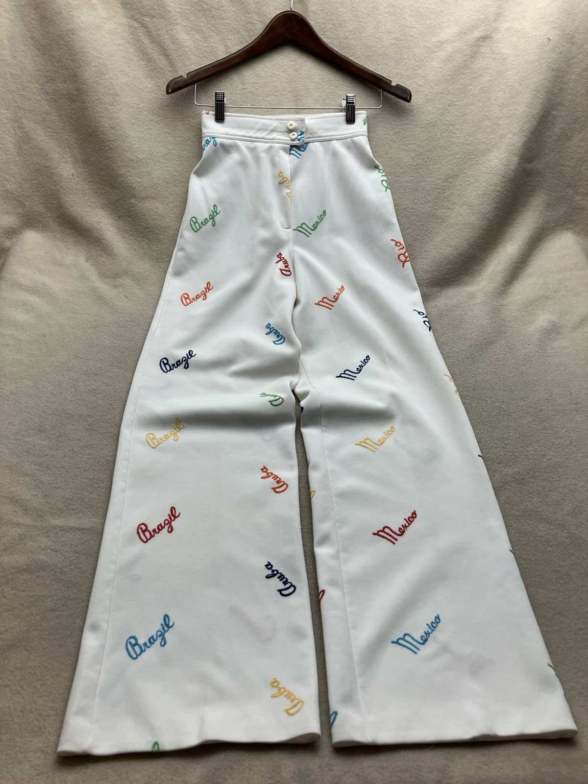 Vintage Poly Knit Resort Pants Wide Leg Villa Trousers Chain Stitch Souvenir S