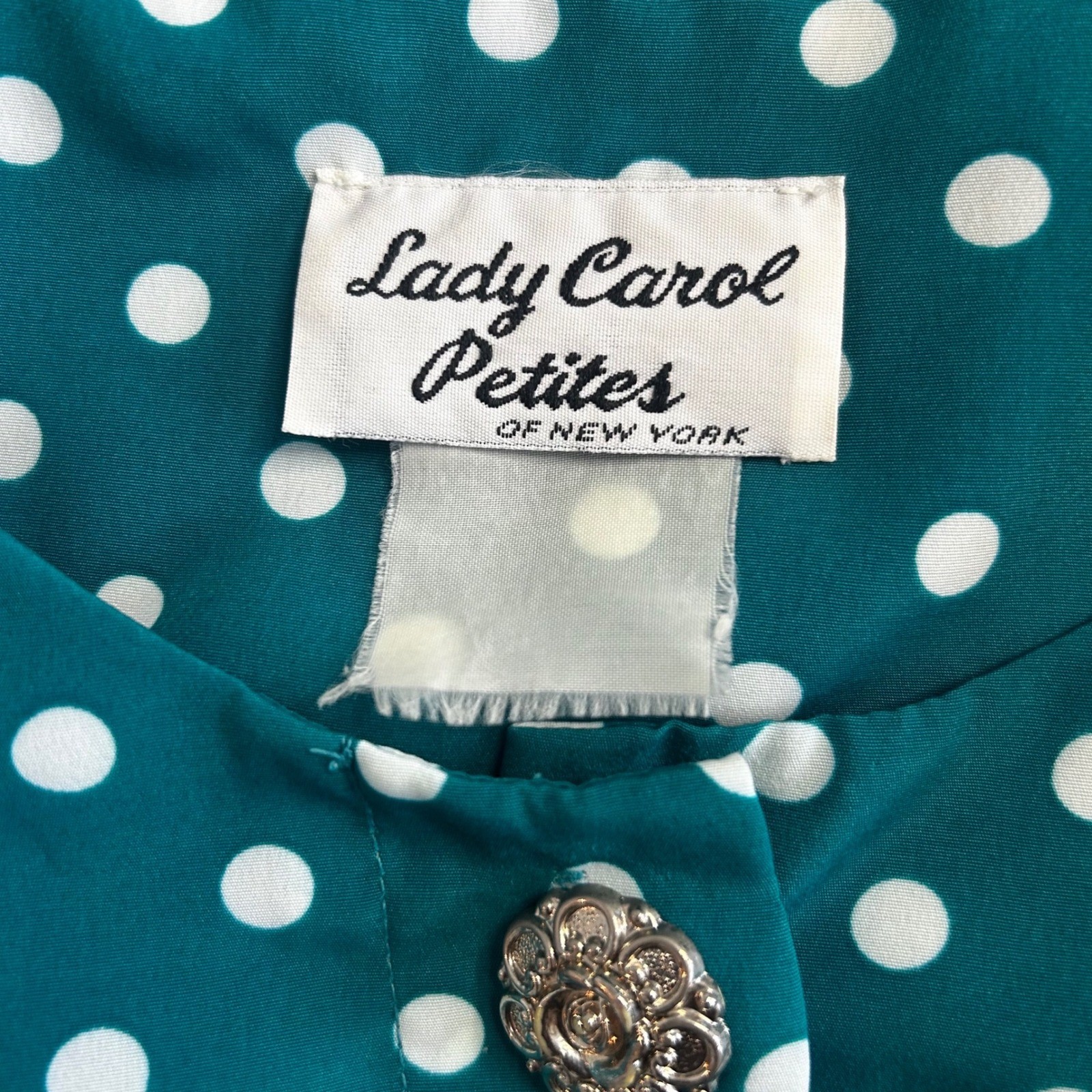 Vintage S/M 80s Lady Carol Petite Teal White Polka Dot Pleated Dress Belted Midi