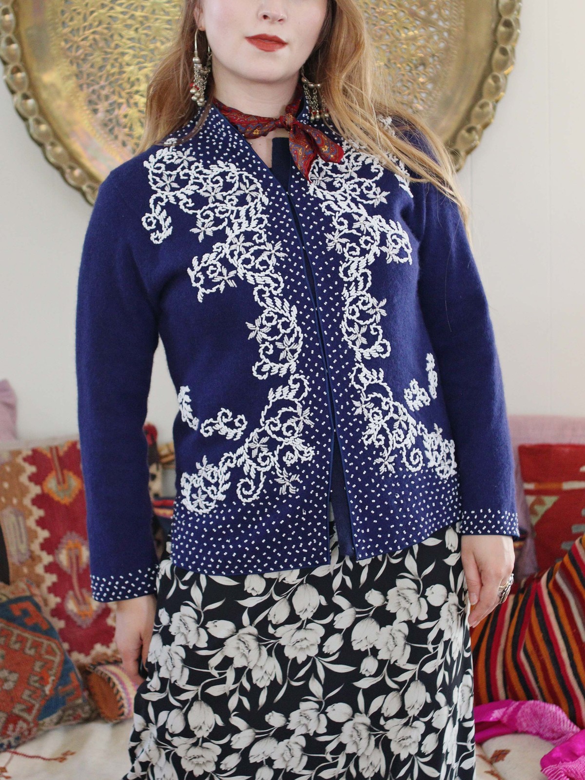 VTG Navy Blue and White Heavily Beaded Cardigan Sweater Jacket Soft Wool M-L