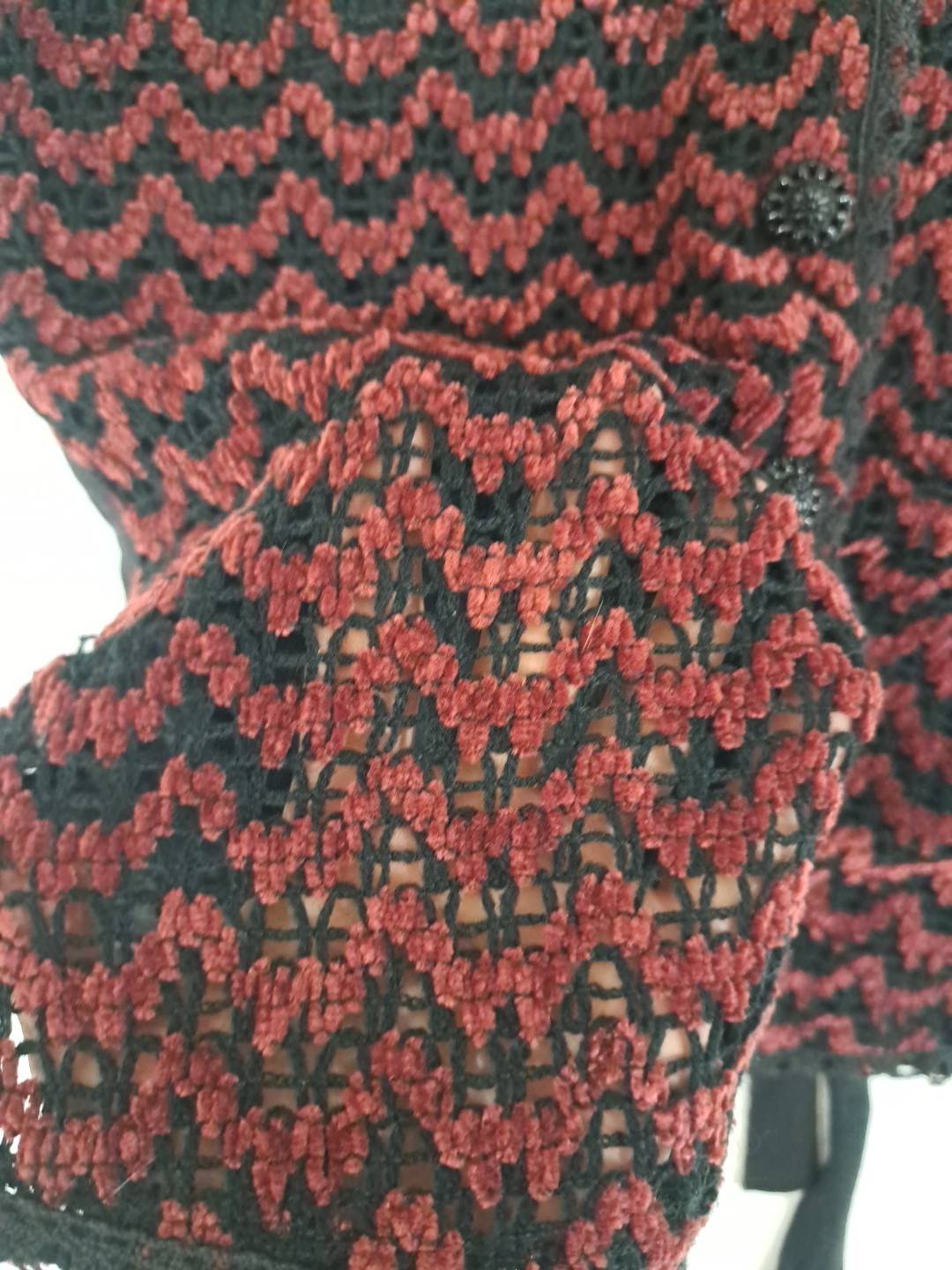 Vtg 90s Womens Knit Vest Whimsigoth Red Black Wrapper USA S/M Tie Back V Neck
