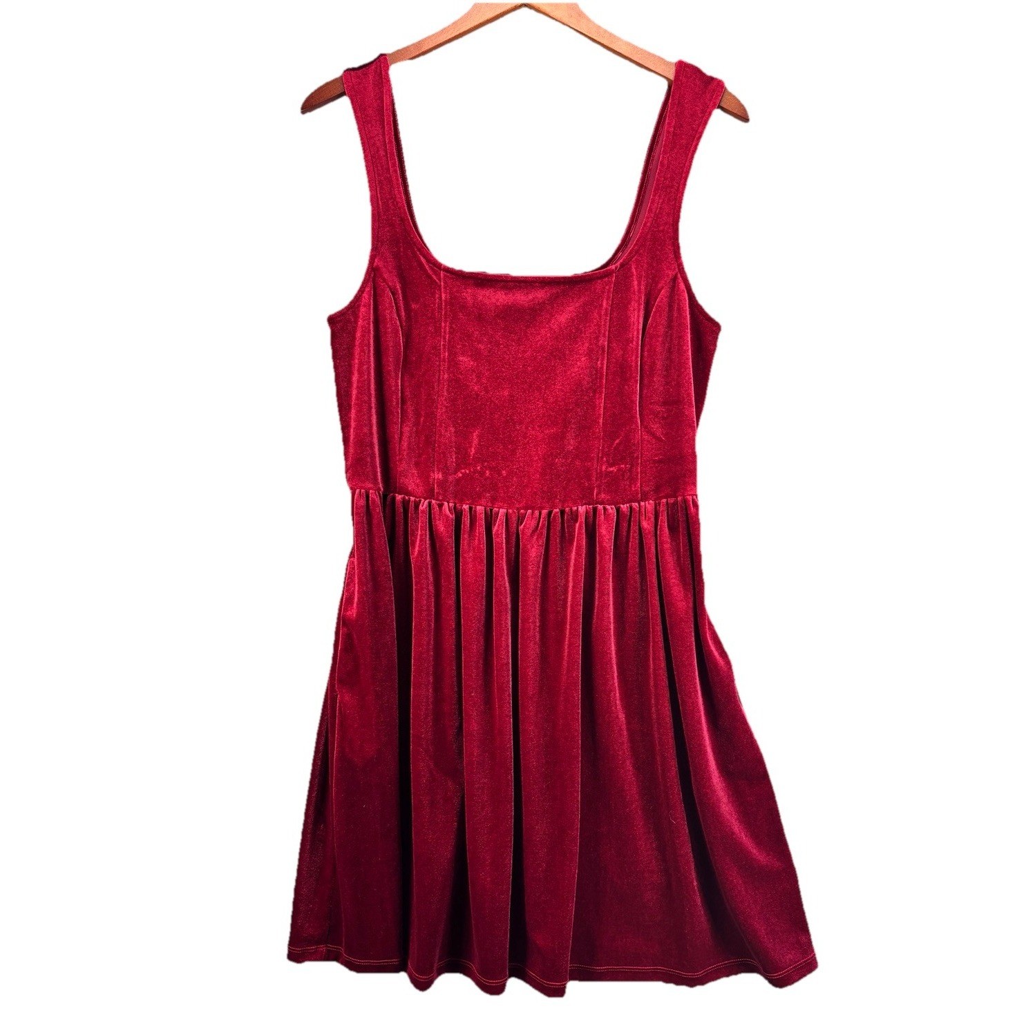 Old Navy Red Velvet Dress L Square Neck Fit Flare Sleeveless Skater Pockets