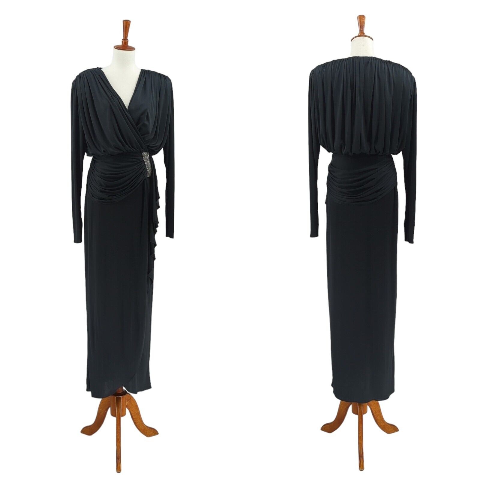 VTG 80s Tadashi Shoji Women 6 Dress Black Gown Beaded Faux Wrap Empire Waist