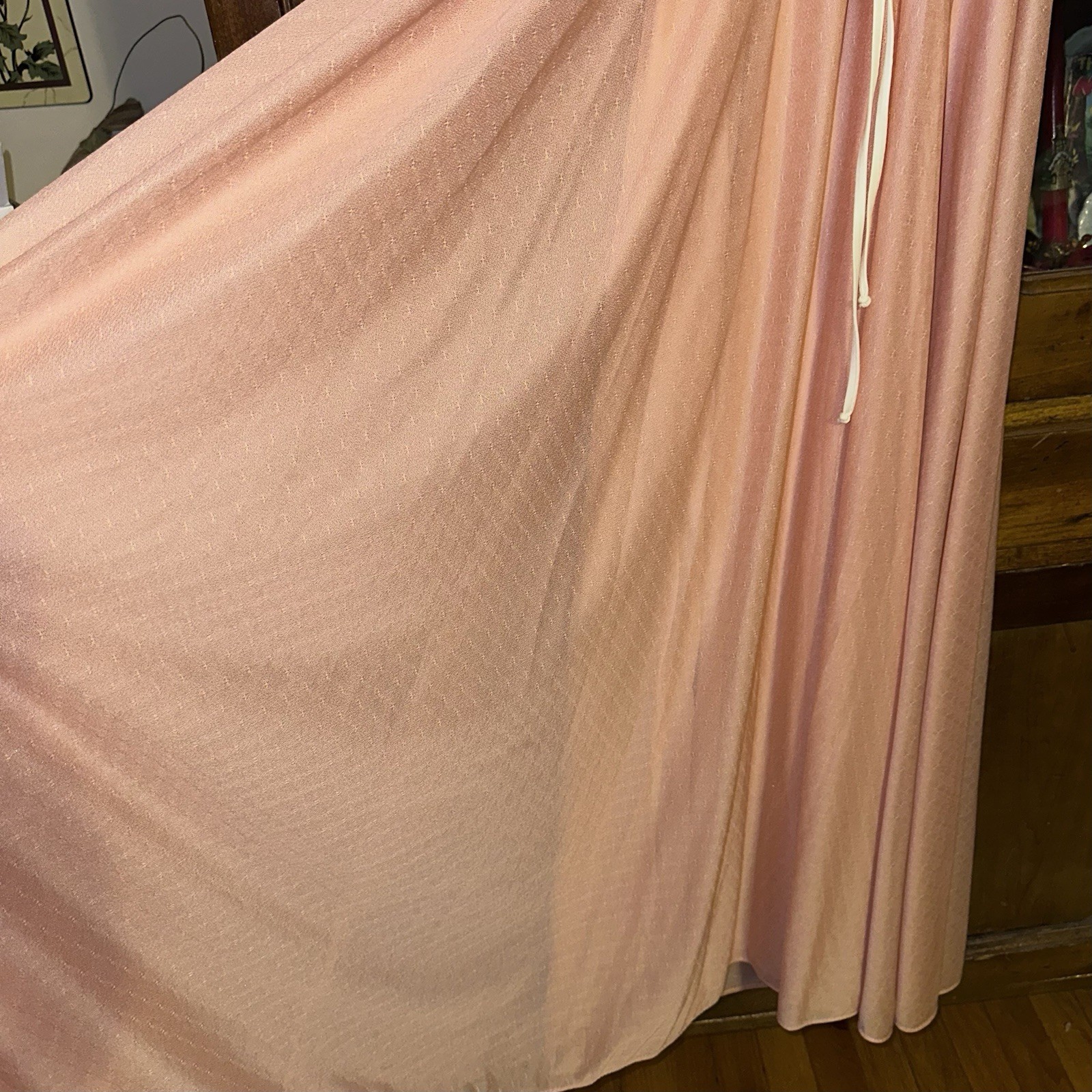 Vintage Peach Prairie Victorian Style Maxi Dress Pearl Buttons & Lace ’70’s