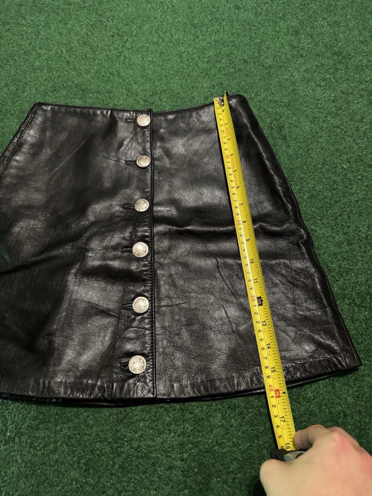Vintage Black Leather Skirt Medium 26” Waist 90s Metal Buttons Grunge Biker