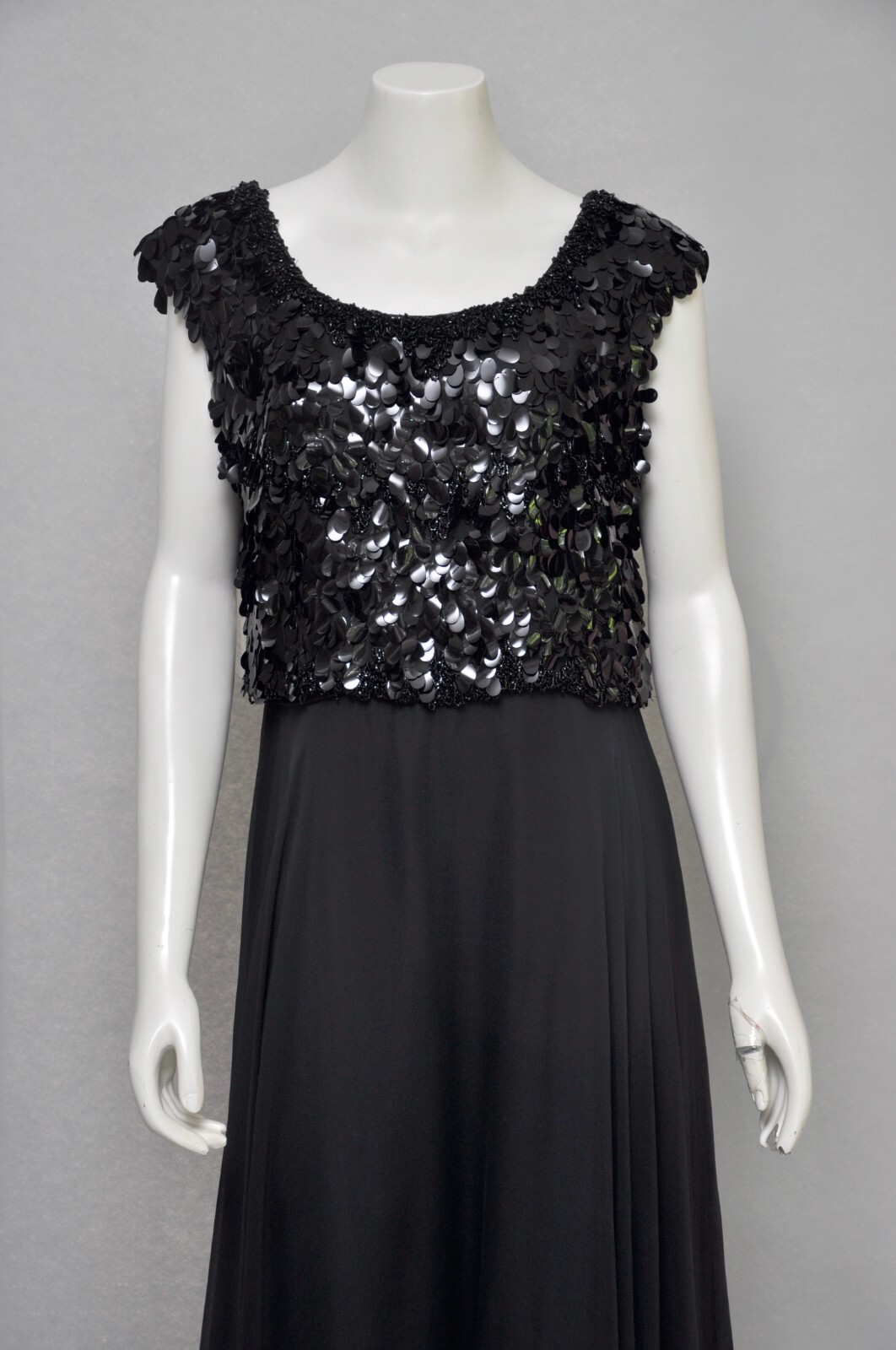 Vintage 1960s Black Silk Chiffon Party Maxi Dress w/ Paillette & Beading Formal