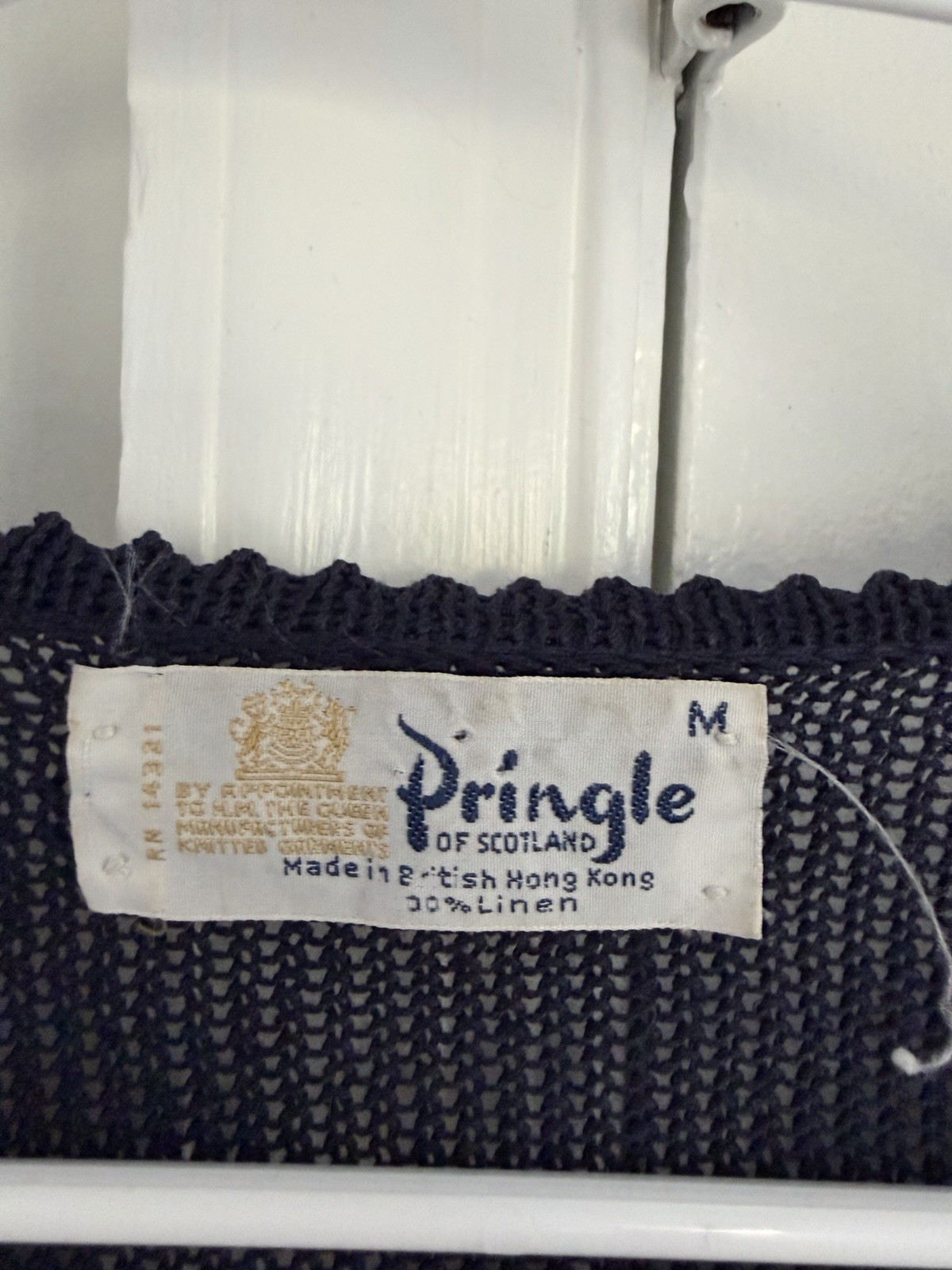 Pringle of Scotland 100% Linen Navy Sweater Cardigan M Open Knit Preppy Vintage