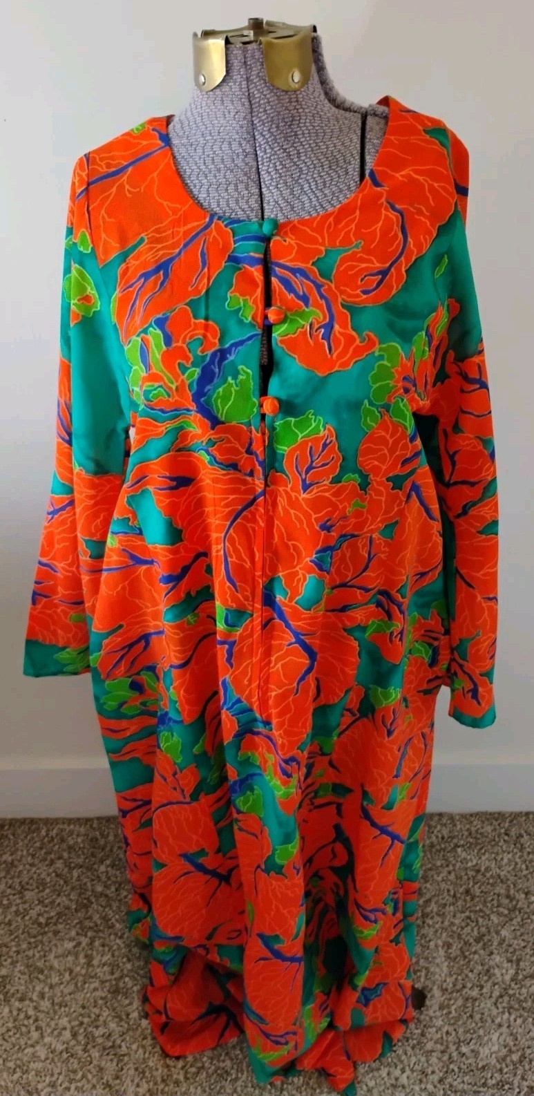 Vtg Bill Tice Royal Dressing Robe Gown Zip Maxi Tropical Bright Floral Retro M/L