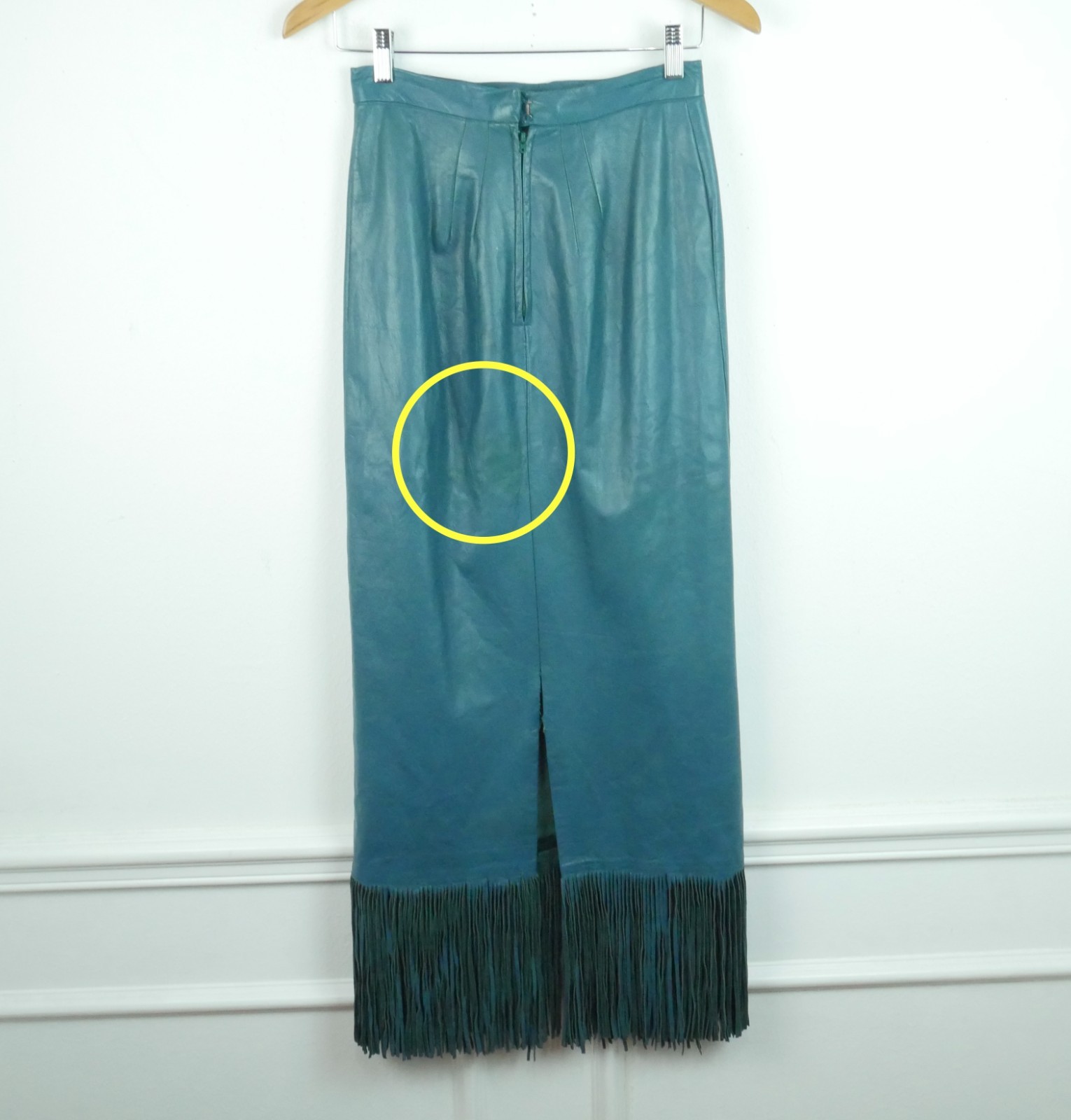 Vintage XS Leather Maxi Skirt Western Fringe Teal Boho Festival Southwestern