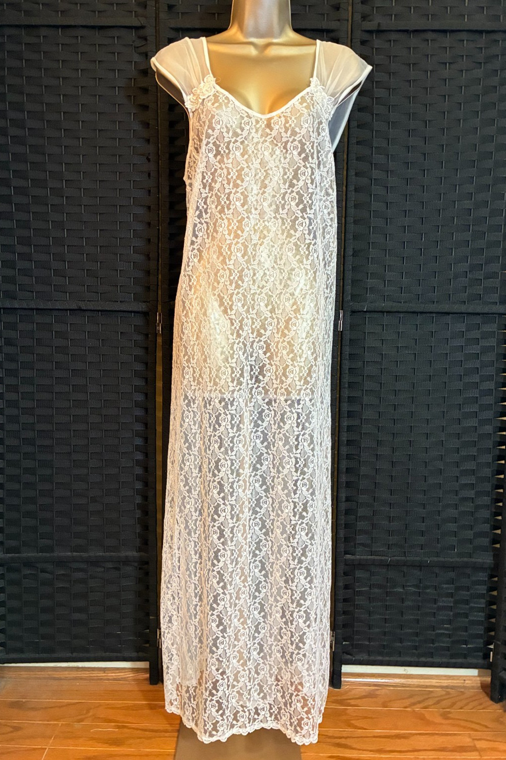 Vintage FREDERICKS LONG LACE NIGHTGOWN Plus Size 1X White SHEER Negligee Gown