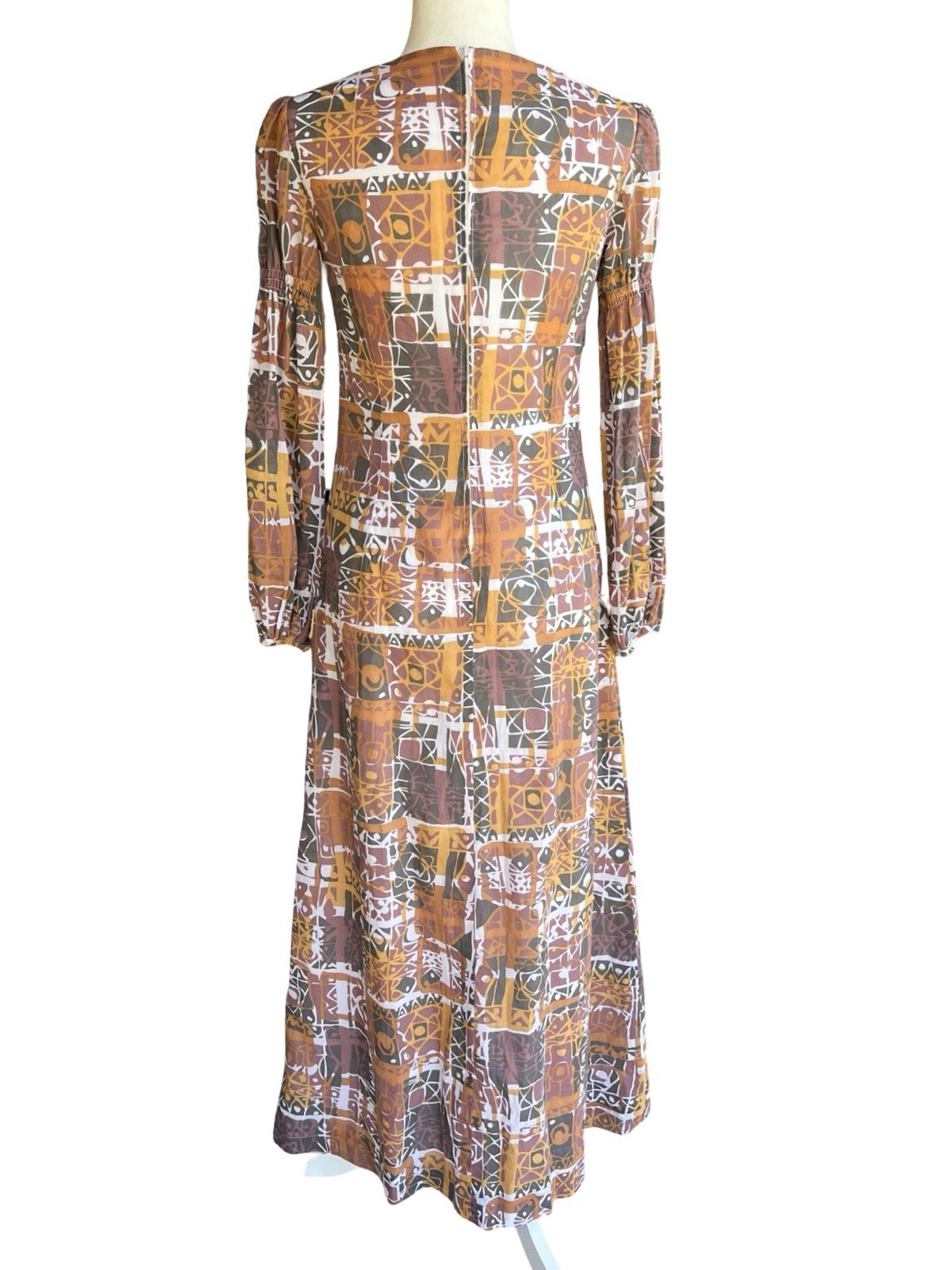 VTG 60-70s Handmade Mod Abstract Tiki Print Empire-Waist Maxi Dress Lined Retro