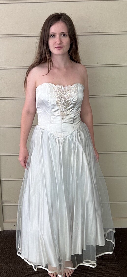 Vintage Steppen Out Strapless Ice Blue Tea Length Dress Tulle Overlay Tie Back 7