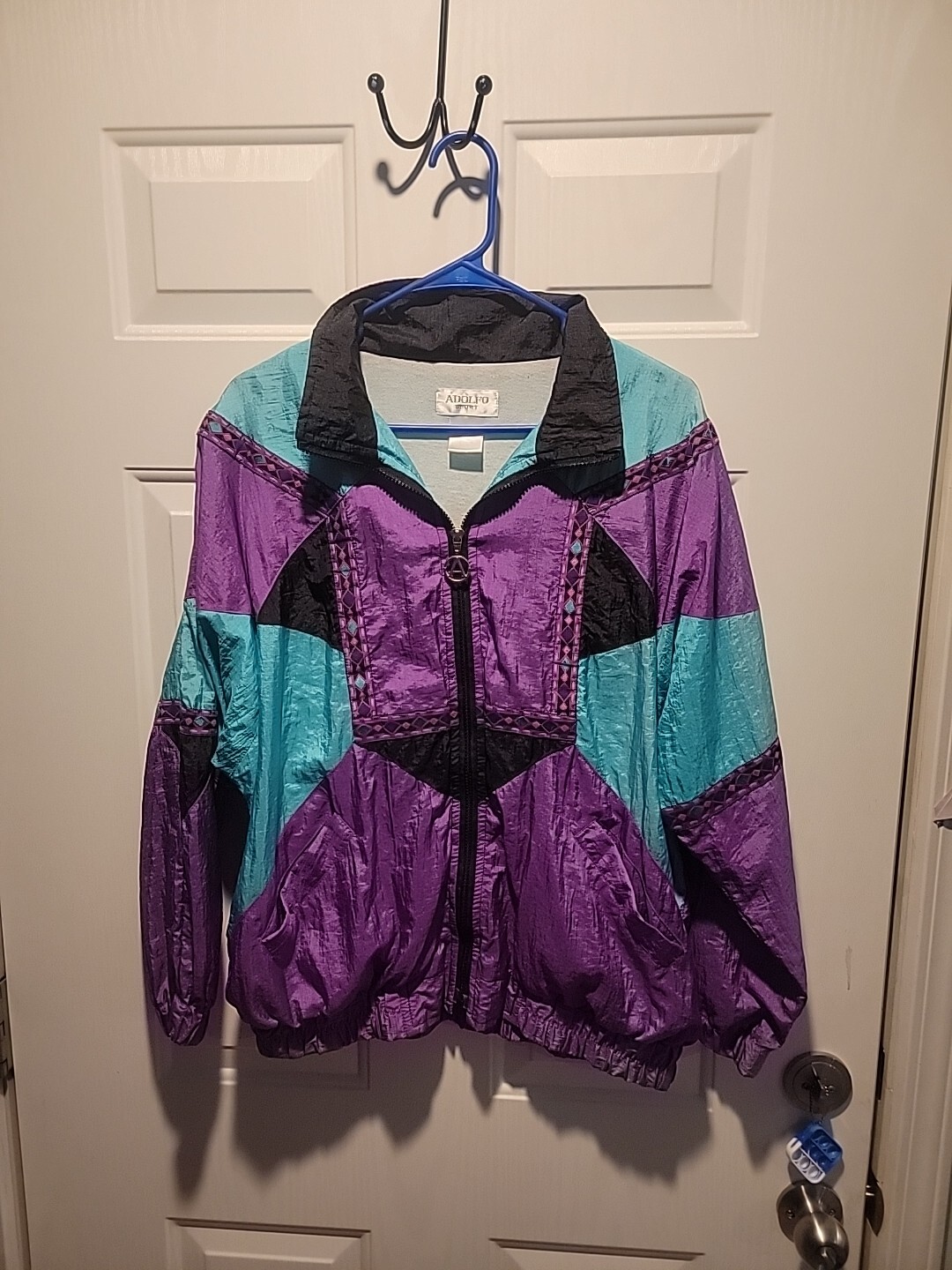 Womens Adolfo Sport 80-90’s Lined Windbreaker Track Jacket Small Black Purple