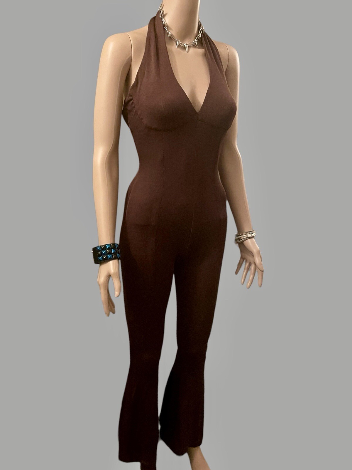 Scanlan Theodore Jumpsuit Vintage 90s Crepe Knit Halter Neck Flared Brown Size S