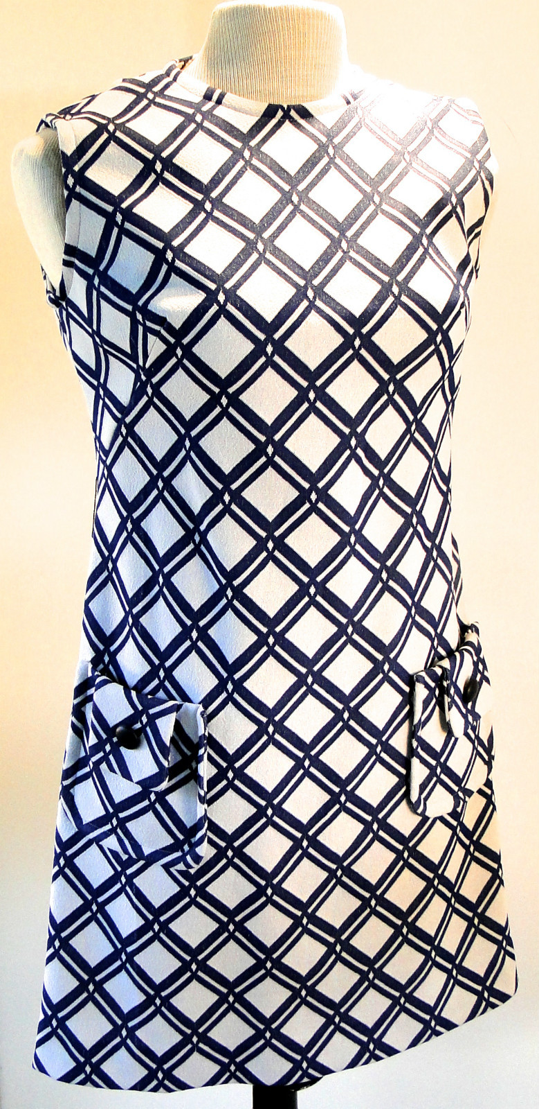 Deadstock Vintage 1960s Lawson Knits Blue White Graphic Print Mod Shift Dress 16