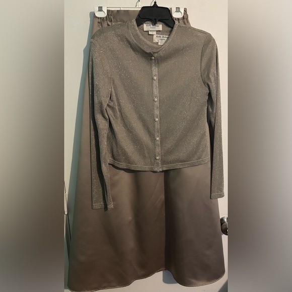 90s Vintage Kelly Bishop Womens Sz 8 3pc Champagne CropTop Set Maxi Skirt Matte