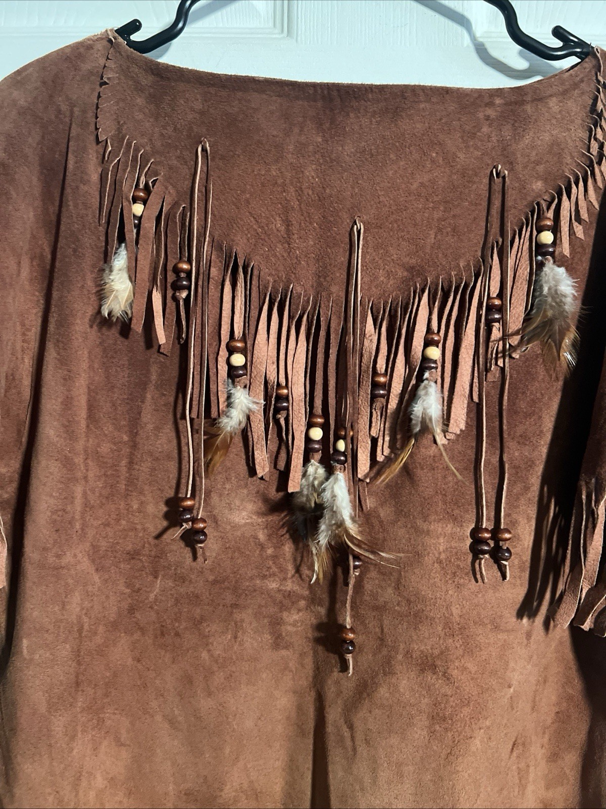 Vintage Brown Suede Native Tribal Style Fringe Tassels Beads Top Womens Small