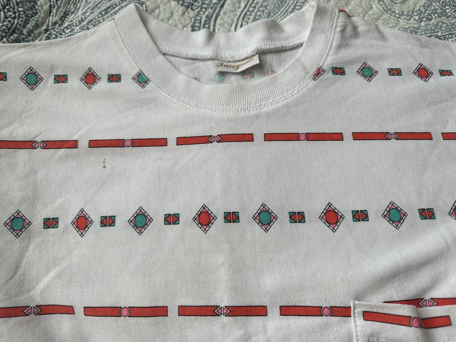 Vintage 1980’s Woman’s Incognito Pocket T-Shirt Geometric Shapes Design Size L ?