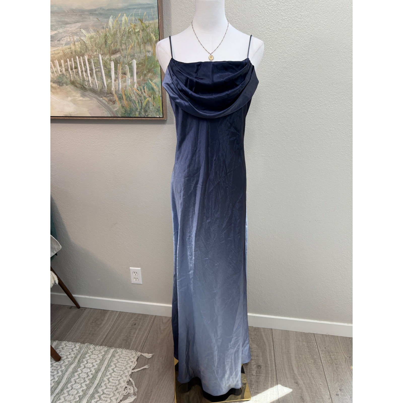 Vintage 90s Navy Blue Ombre Satin Maxi Dress