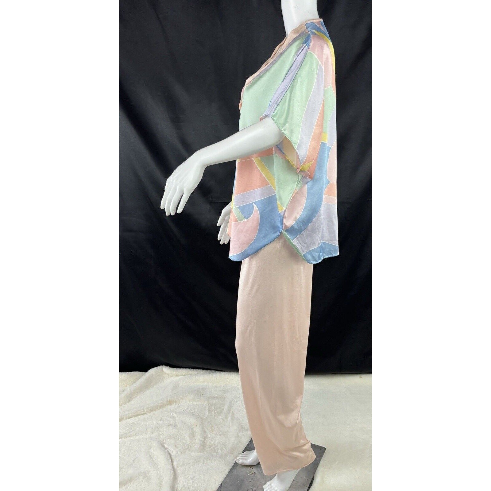 Yolande Mod Robe Satin Blouse Floral Shirt Pink Pants Vintage 80’s 3pc Lingerie