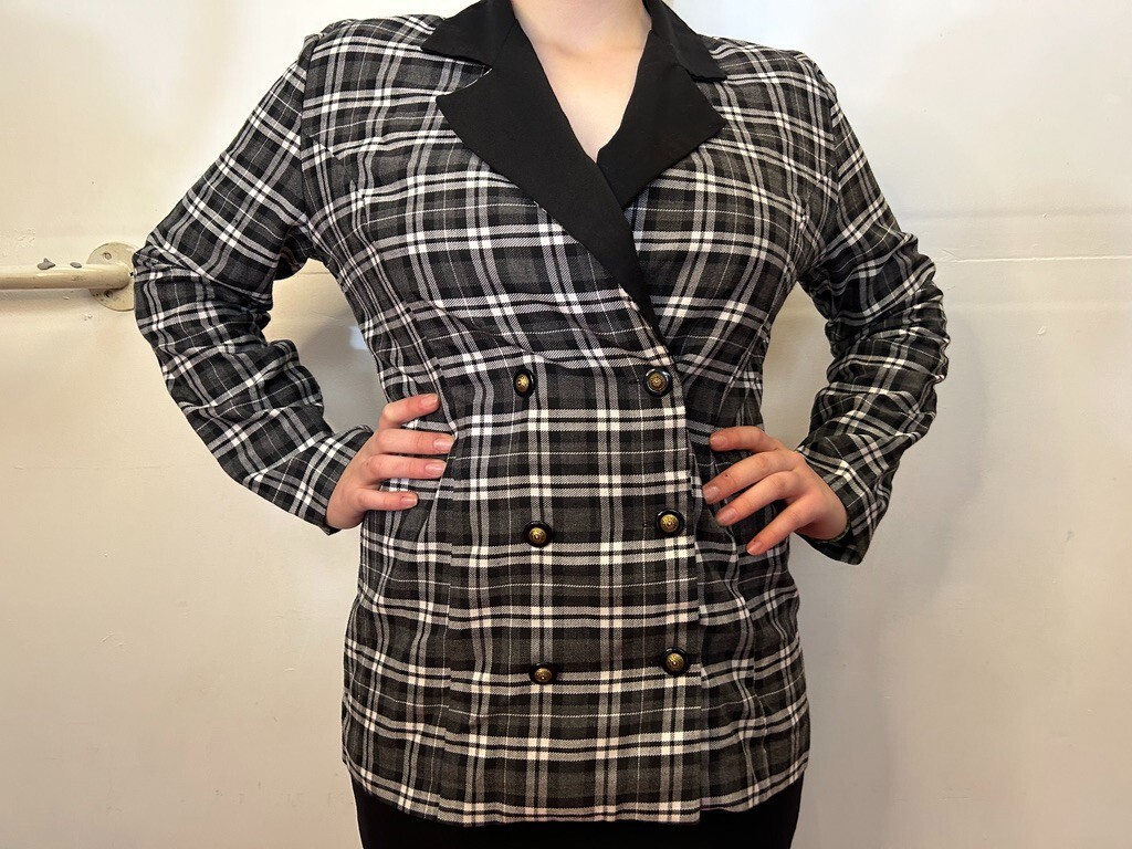 Vintage Australian 1980s Ozti Black White Plaid Blazer Double Breasted AU 8/S