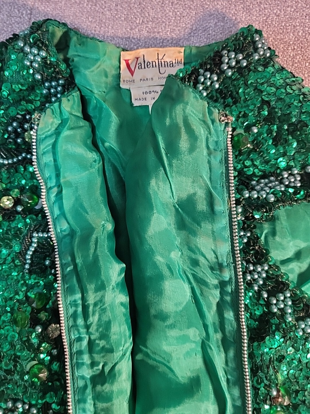 Vtg VALENTINA Ladies Wool Beaded & Sequined Butterfly Couture Vest M Green