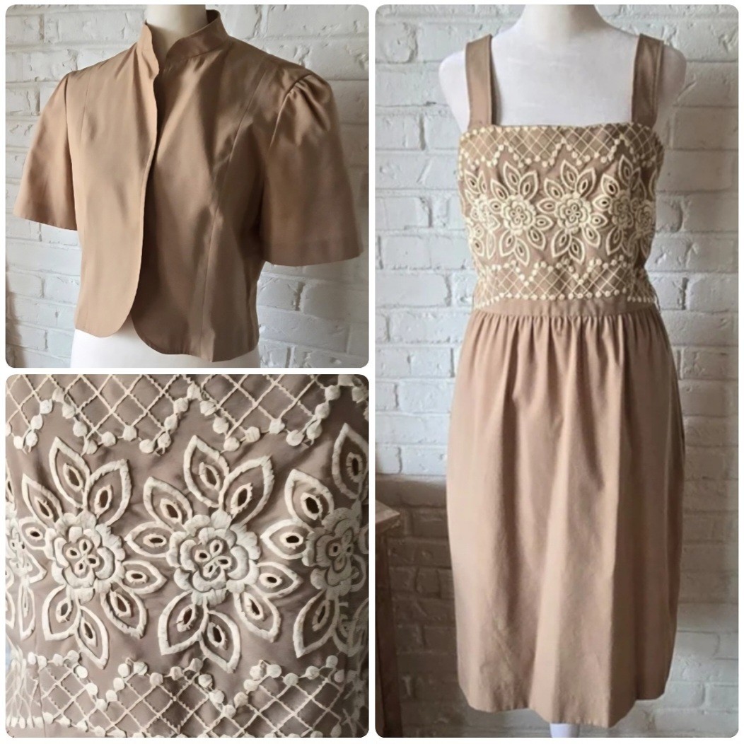 Vtg 70s Tan/Brown 2 Piece Set, Embroidered, Jacket & Dress, Union, M