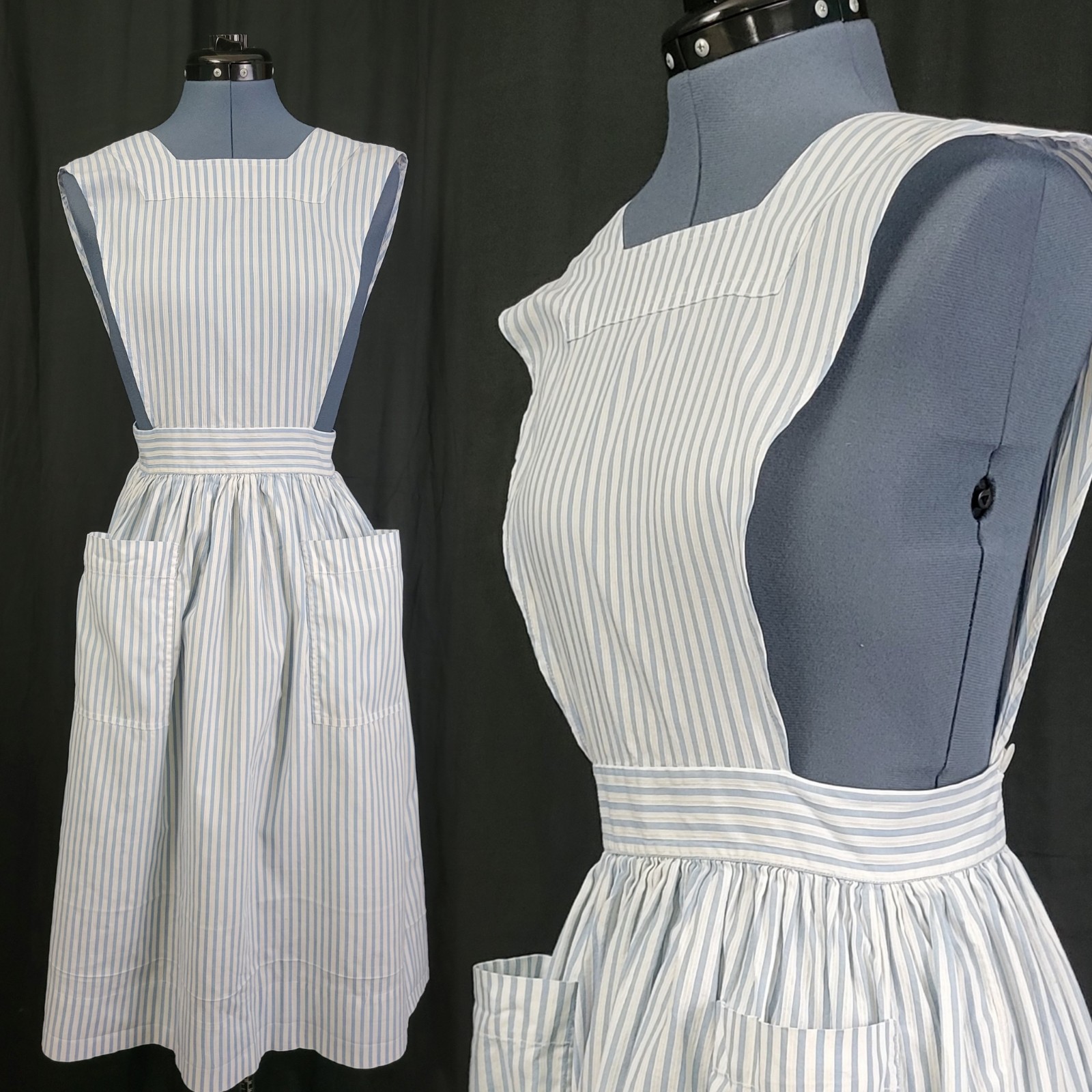 Vintage Blue & White Striped Apron w Bib & Patch Pockets Handmade?