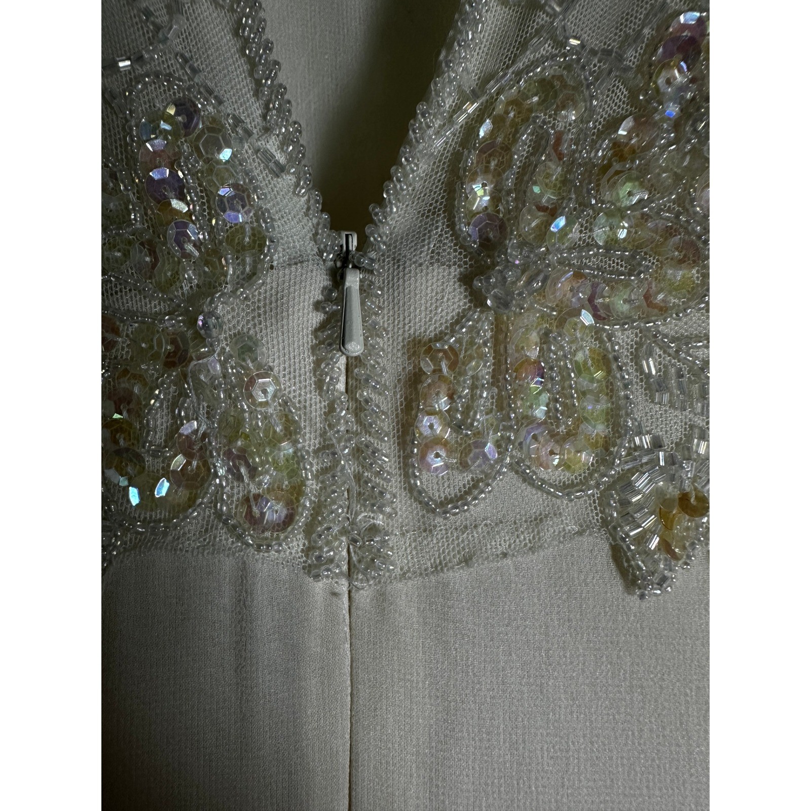 Jovani Vintage Pure Silk Beaded Sequin Long Sleeve Evening Gown Ivory Size 8