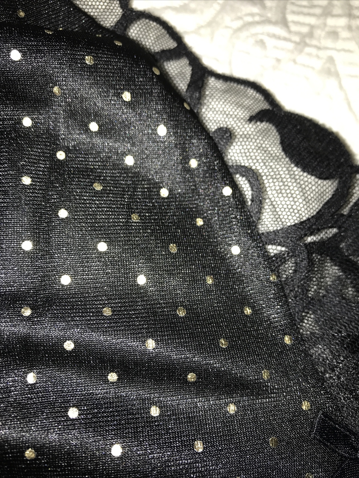 Vintage Teddy ROMPER Bodysuit ROMANTIC FASHIONS~stretch BLACK/GOLD DOT WOMANS M