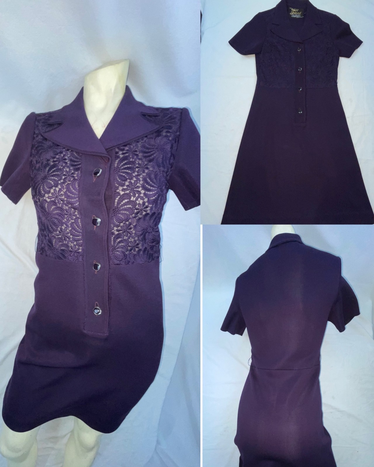 VTG 60S 70S WOMENS PURPLE POLYESTER DESIGNER TENYO PICCI DISCO GOGO RETRO DRESS