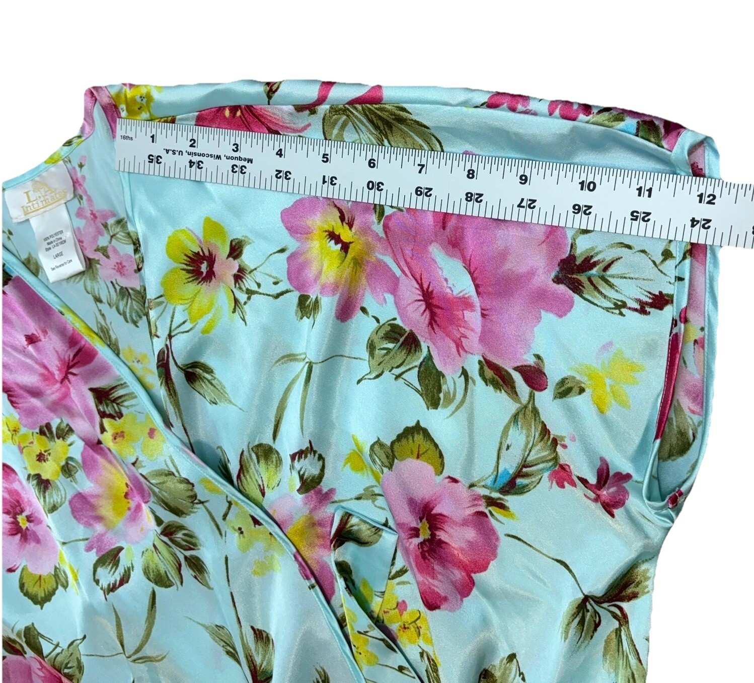 VTG LA Intimates Sz L Robe SS Kimono Wrap Blue Floral Romantic Garden Flowers