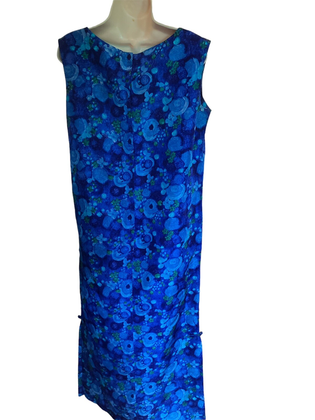 Vtg 60’s Richard Douglas Hawaii Maxi Dress Blue Floral Cheongsam Wiggle Sateen S