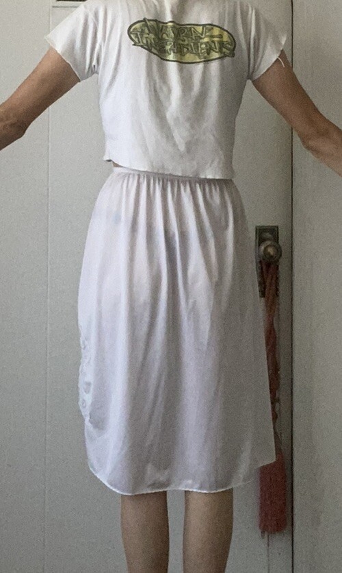 Vintage 70s Cachet White Nylon 12” Side Slit with Lace & Bow Elastic Waist S/M