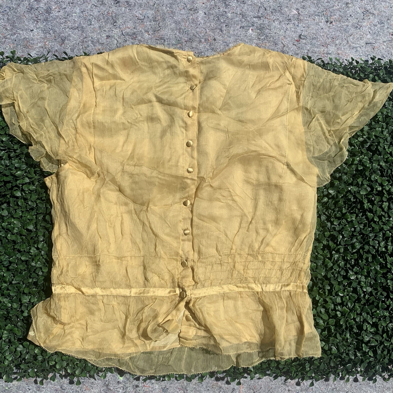 As Is vintage 90s Y2K designer yellow gold silk chiffon crop blouse top