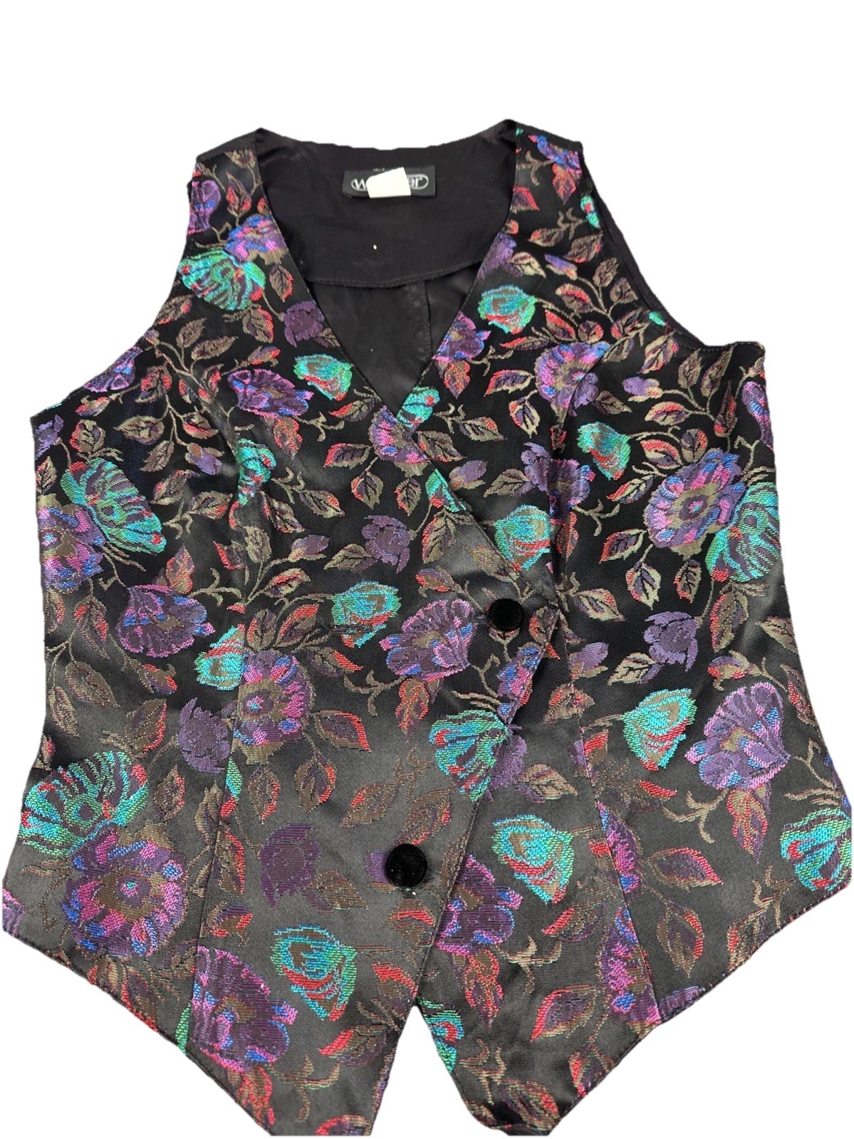 VTG 80s WRAPPER Floral Brocade Multicolor Holographic Tapestry Vest USA Women S