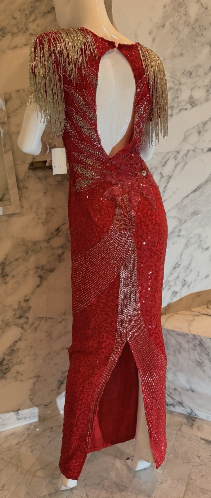 Vintage Alyce Designs Red Beaded Silk Gown Size 6 Open Back Fringe Dress NWT