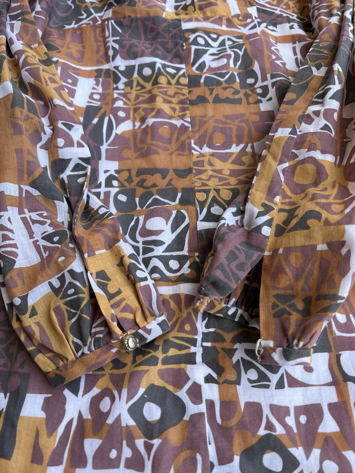 VTG 60-70s Handmade Mod Abstract Tiki Print Empire-Waist Maxi Dress Lined Retro