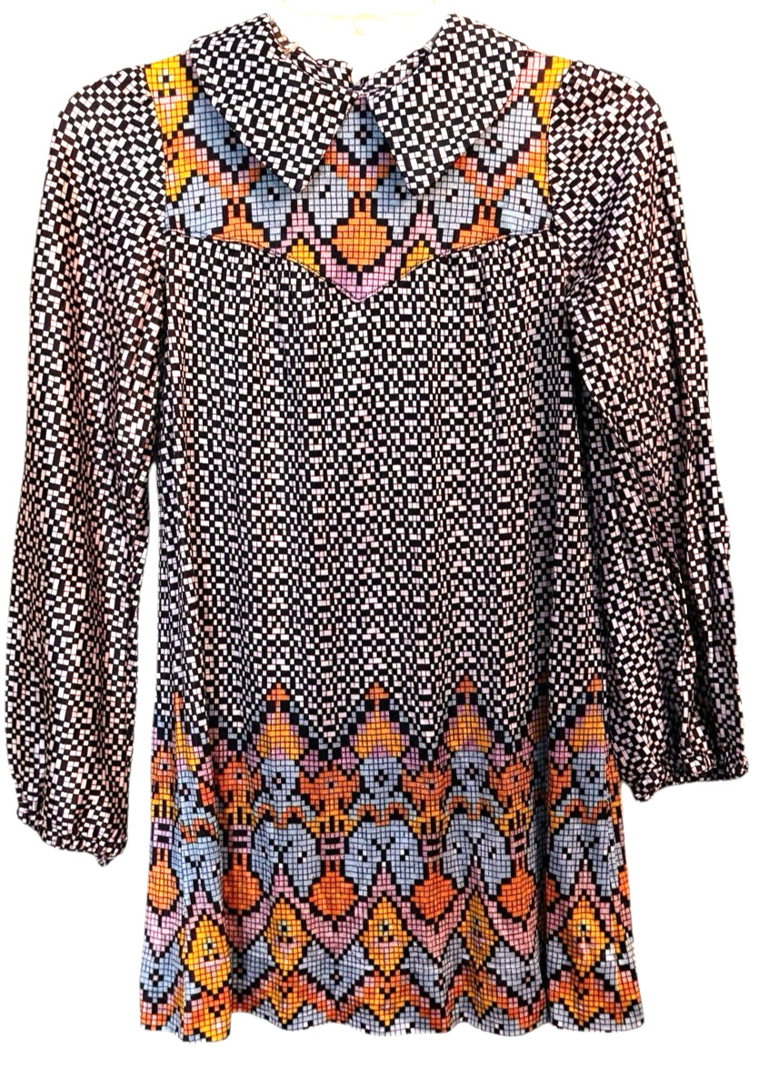 60s Vintage Mini Go Go Mod Geometrical Print Dagger Collar Twiggy Shift Dress S