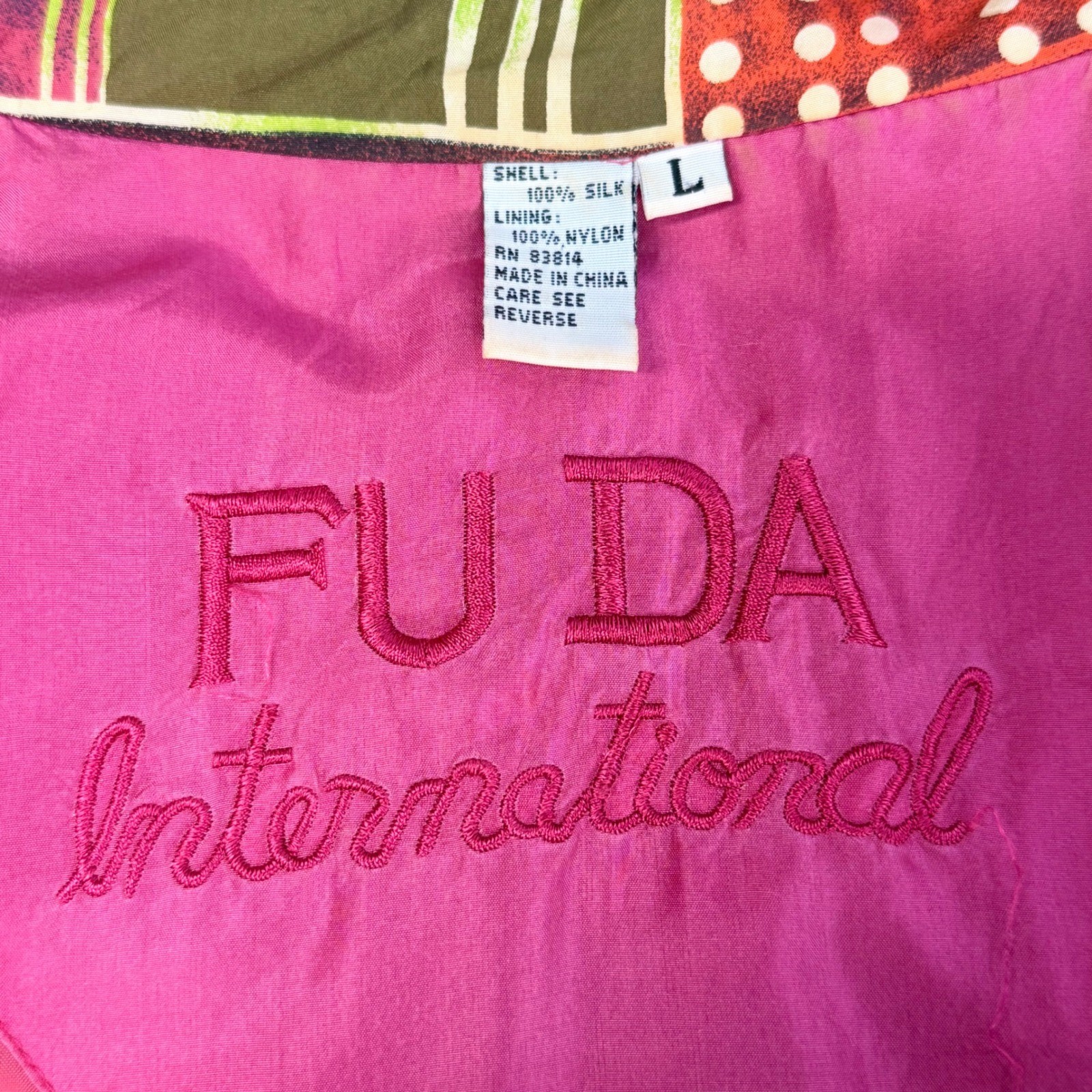 Fuda International Vintage 100% Silk Geometric Patchwork Bomber Jacket Large
