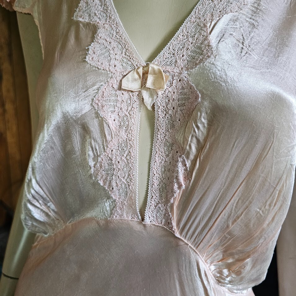 Vtg 30s 40s Pink Bias Cut Liquid Satin Peignoir Nightgown Robe Slip Dress Set M