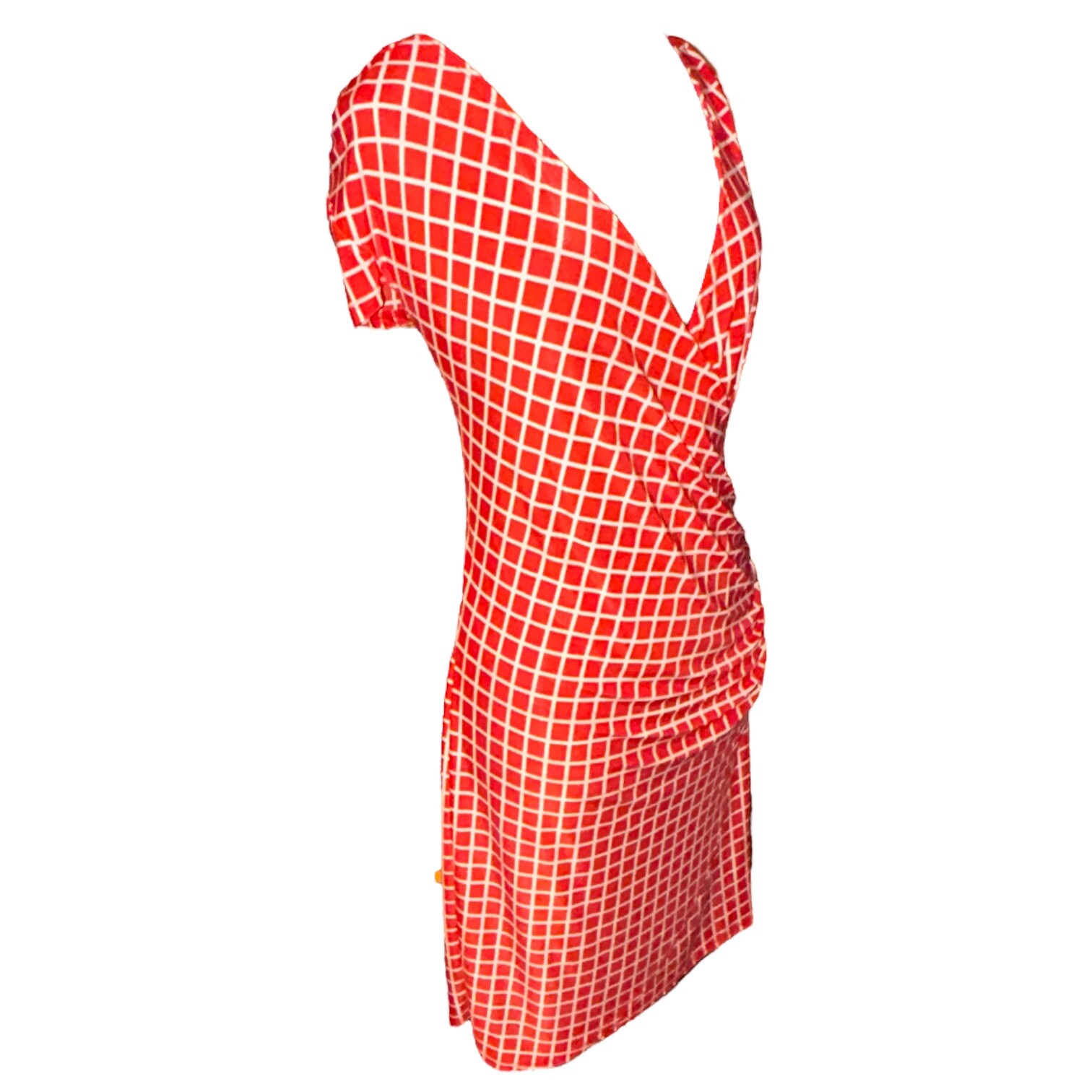 AA Studio Cap Sleeve V-Neck Faux Wrap Orange/White Short Dress Women 16 VTG